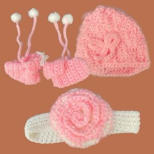 Infant Girls Pink Handmade Crochet 3-Piece Beanie, Booties, and Headband Set